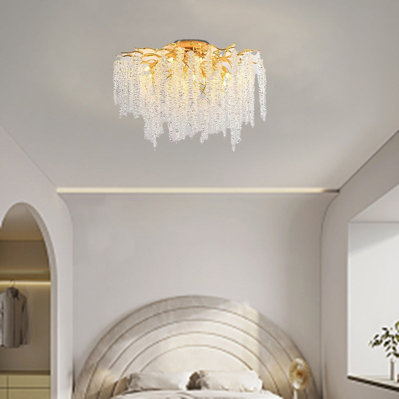 Lustre semi-encastré moderne de luxe en forme de brindille en aluminium rond avec cristal 8/13/15 lumières pour chambre à coucher 