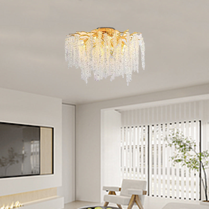 Lustre semi-encastré moderne de luxe en forme de brindille en aluminium rond avec cristal 8/13/15 lumières pour chambre à coucher 