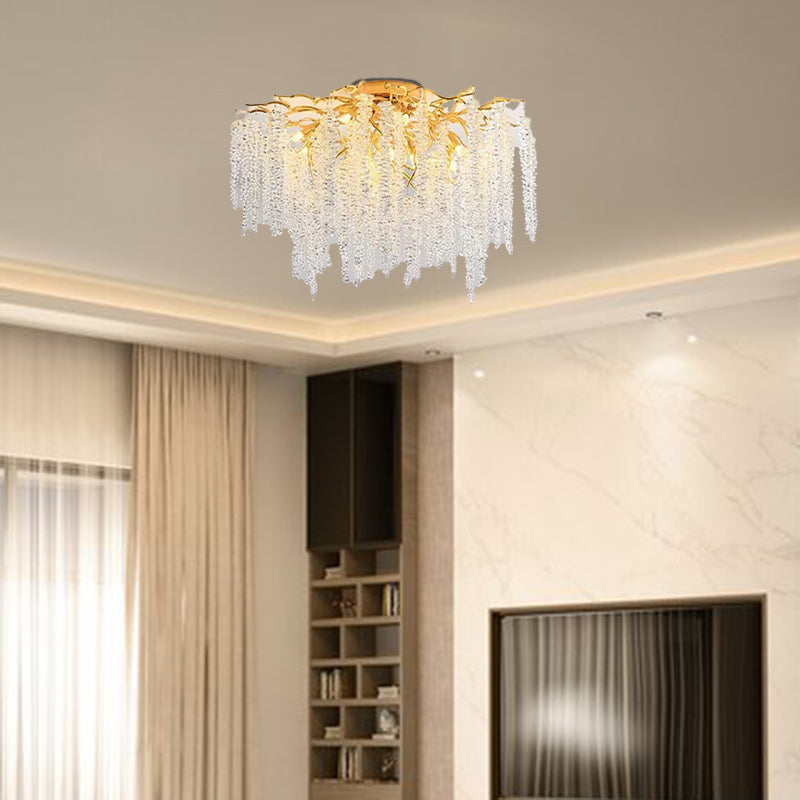 Lustre semi-encastré moderne de luxe en forme de brindille en aluminium rond avec cristal 8/13/15 lumières pour chambre à coucher 