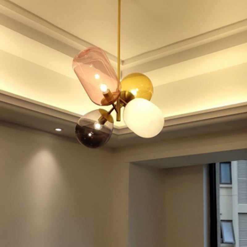 Lustre contemporain scandinave cylindrique rond à bulles en verre et fer à 4 lumières pour chambre 