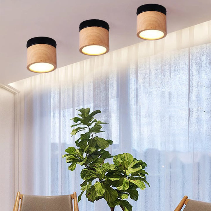 Moderne minimalistische runde Zylinder Eisen Gummibaumholz Acryl LED Deckenleuchte für den Flur 