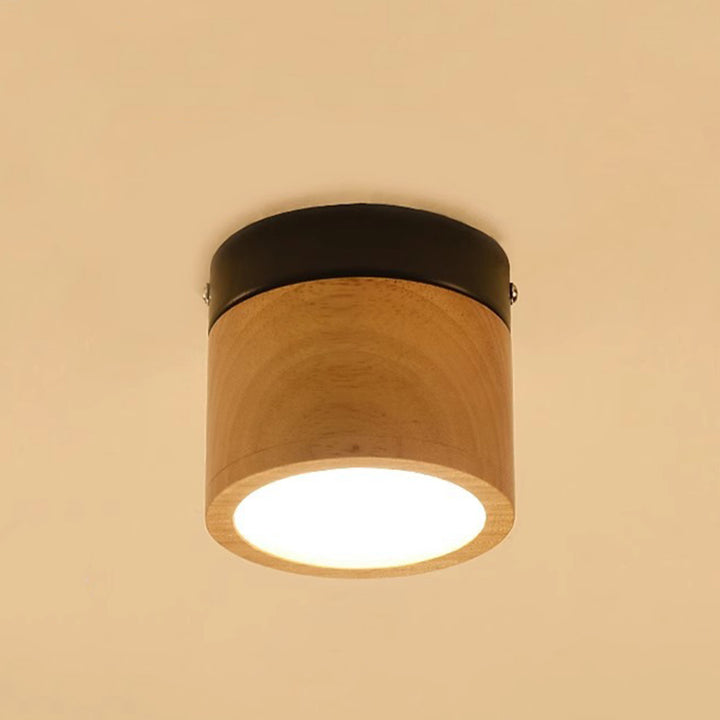 Modern Minimalist Round Cylinder Iron Rubberwood Acrylic LED Flush Mount Ceiling Light For Hallway