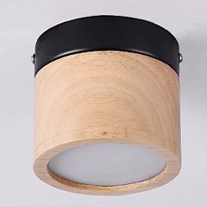 Modern Minimalist Round Cylinder Iron Rubberwood Acrylic LED Flush Mount Ceiling Light For Hallway
