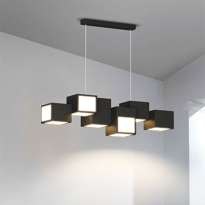 Lustre contemporain en forme de cube Rubik scandinave décalé carré en fer et acrylique LED pour salle à manger 