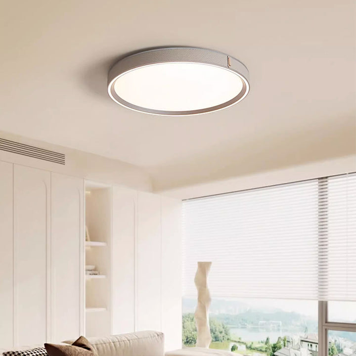 Moderne minimalistische runde Kuppel Deckenleuchte aus Aluminium, Eisen, Leder und Acryl mit LED für das Schlafzimmer 