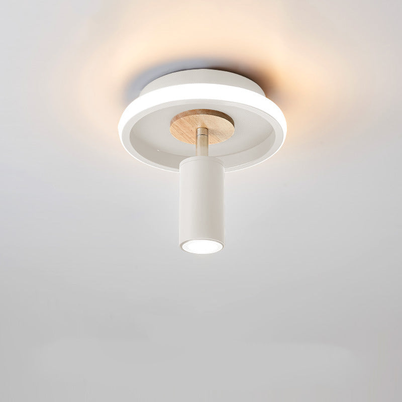 Contemporary Scandinavian Round Cylinder Iron Wood Acrylic LED Spotlight Semi-Flush Mount Ceiling Light For Bedroom