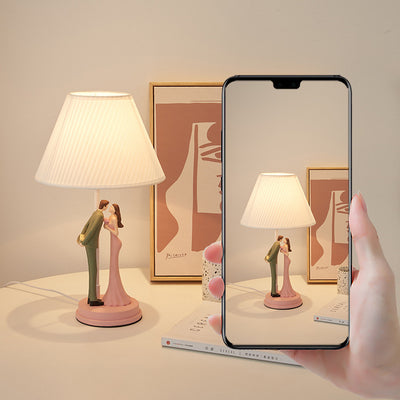 Moderne Art Deco Hochzeits-Paar Runde Prisma Harz Eisen Stoff 1-Licht Tischlampe Für Schlafzimmer 
