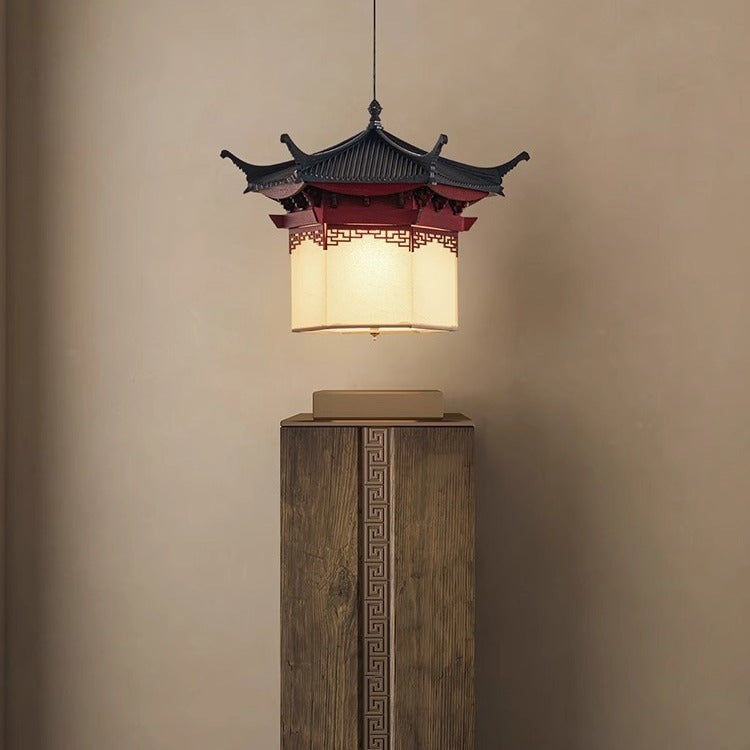 Zeitgenössische kreative Dachbodenform Prisma Holz Acryl Pergament 1-Licht Pendelleuchte für Esszimmer 