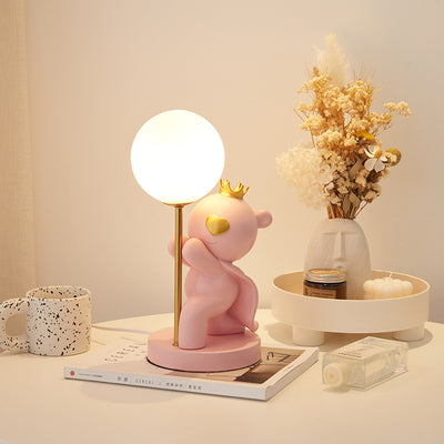 Zeitgenössische kreative Cartoon süße Kronen-Bär runde Harzglas 1-Licht Tischlampe für das Schlafzimmer 
