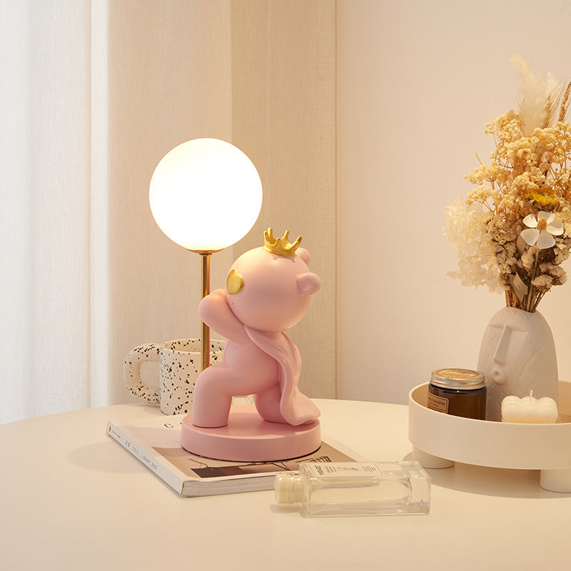 Zeitgenössische kreative Cartoon süße Kronen-Bär runde Harzglas 1-Licht Tischlampe für das Schlafzimmer 
