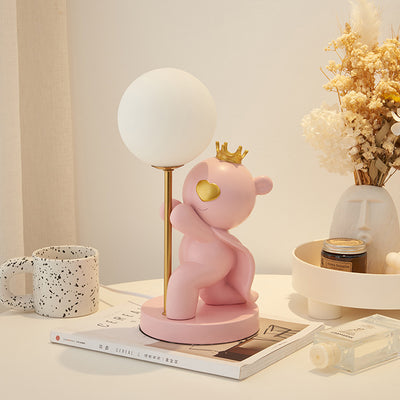 Zeitgenössische kreative Cartoon süße Kronen-Bär runde Harzglas 1-Licht Tischlampe für das Schlafzimmer 