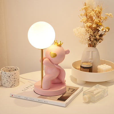 Zeitgenössische kreative Cartoon süße Kronen-Bär runde Harzglas 1-Licht Tischlampe für das Schlafzimmer 