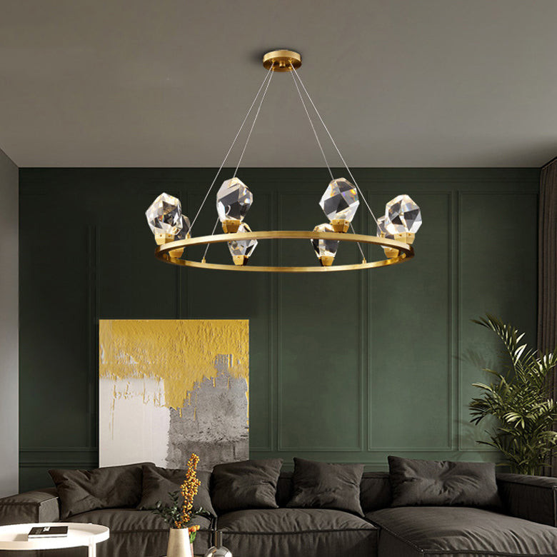 Lustre LED en cristal de cuivre rond moderne de luxe pour salon 
