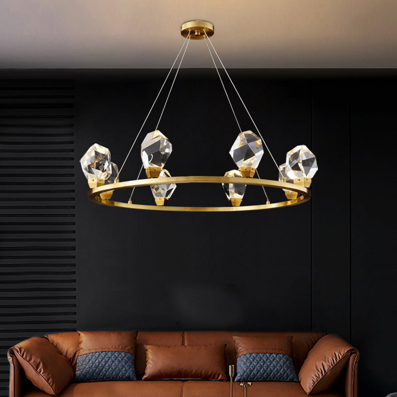 Lustre LED en cristal de cuivre rond moderne de luxe pour salon 