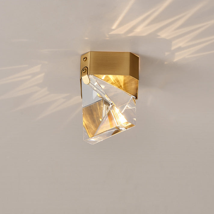 Modern Minimalist Square Top Irregular Shape Copper Crystal LED Semi-Flush Mount Ceiling Light For Hallway