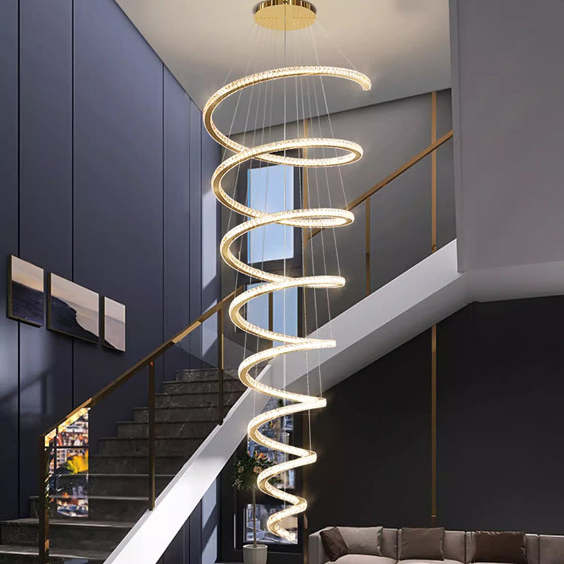 Lustre moderne en spirale en acier inoxydable avec cristaux LED pour salon 