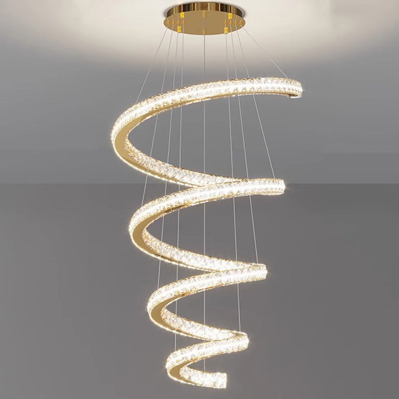 Lustre moderne en spirale en acier inoxydable avec cristaux LED pour salon 
