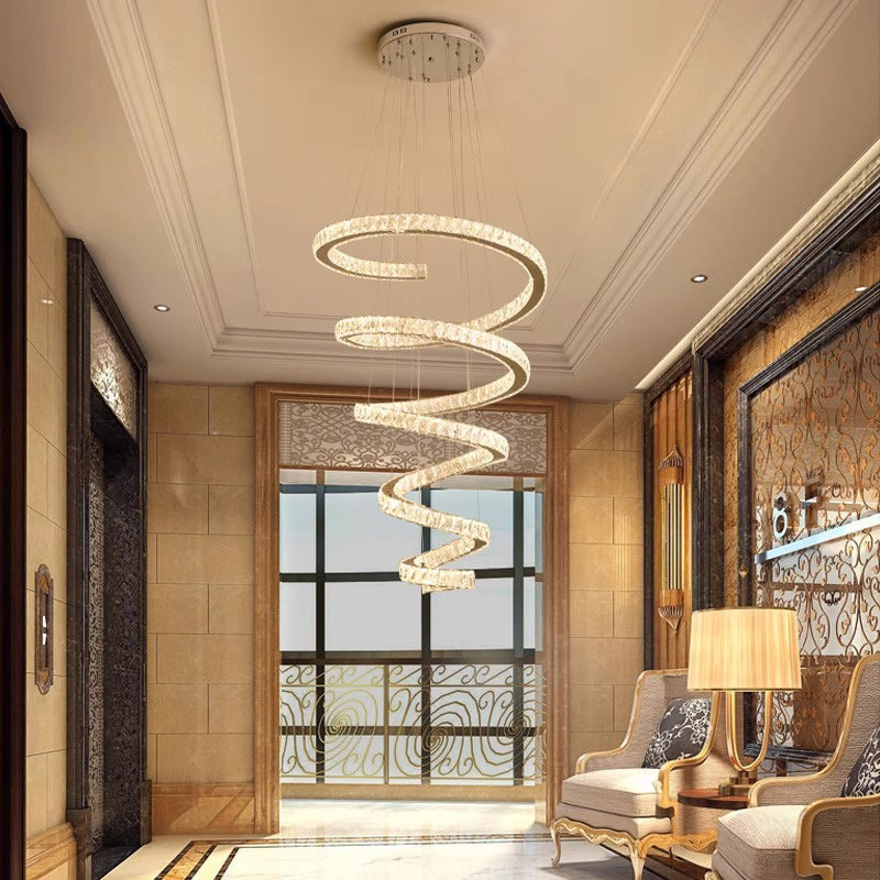 Lustre moderne en spirale en acier inoxydable avec cristaux LED pour salon 