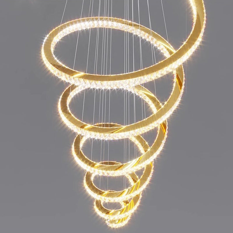 Lustre moderne en spirale en acier inoxydable avec cristaux LED pour salon 