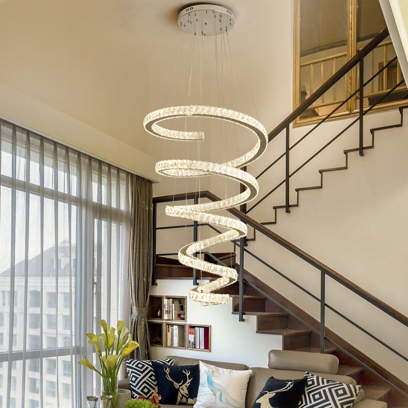 Lustre moderne en spirale en acier inoxydable avec cristaux LED pour salon 
