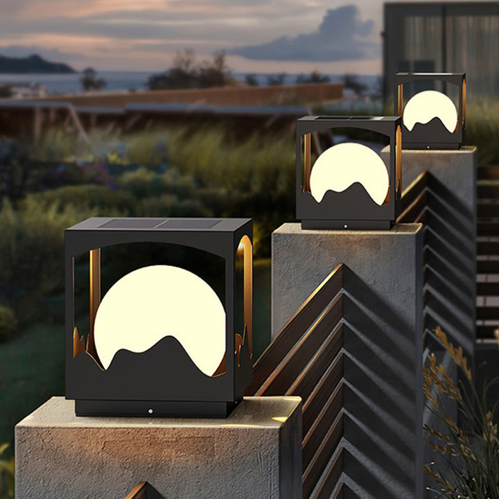 Lumière extérieure LED en acier inoxydable PE orbe carré étanche solaire Art déco moderne pour extérieur 