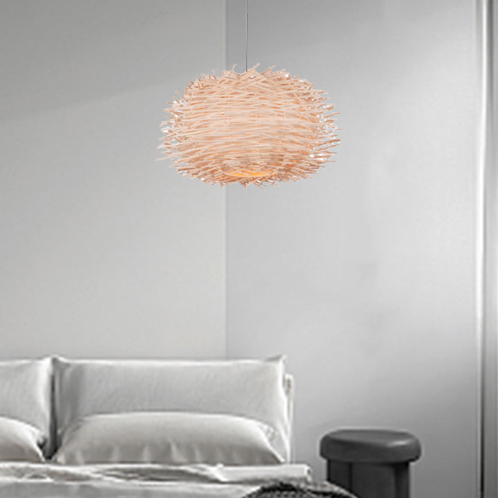 Forme de nid d'oiseau créatif contemporain en rotin rond à 1 lumière pour salle à manger 