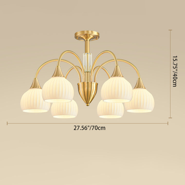 Traditional French Cream Round Cone Copper Glass Crystal 5/6/8/10 Light Chandelier For Bedroom