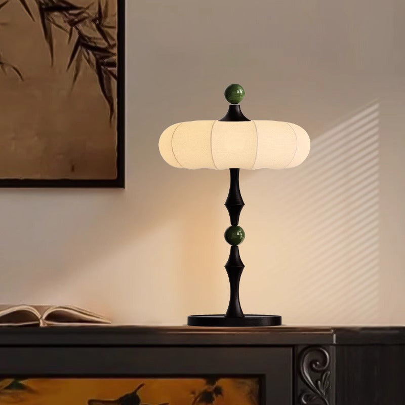 Traditional Vintage Round Cylinder Iron Aluminum  Ash Wood Fabric 1-Light Table Lamp For Bedroom