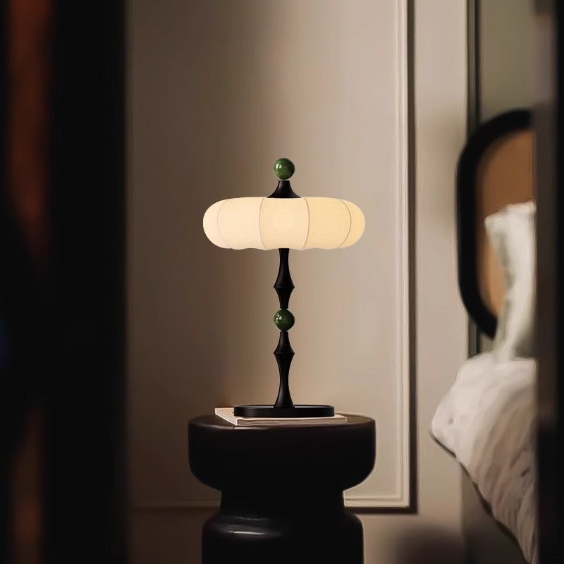 Traditional Vintage Round Cylinder Iron Aluminum  Ash Wood Fabric 1-Light Table Lamp For Bedroom