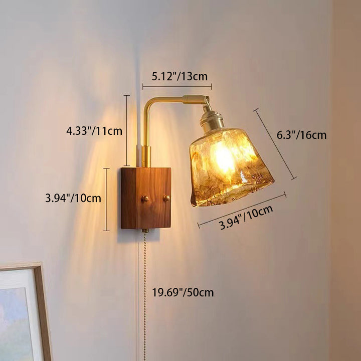 Lámpara de Aplique de Pared de 1 Luz Tradicional Vintage Cuadrada Cilindro Redondo Trapezoide de Cobre y Vidrio para Dormitorio 
