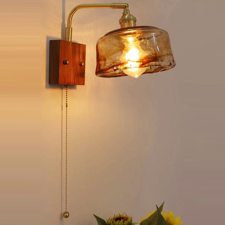 Lámpara de Aplique de Pared de 1 Luz Tradicional Vintage Cuadrada Cilindro Redondo Trapezoide de Cobre y Vidrio para Dormitorio 