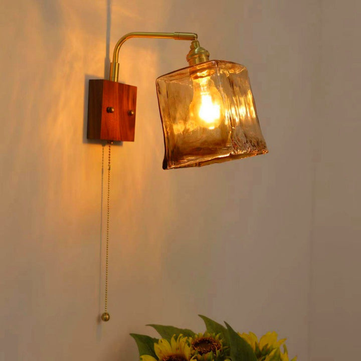 Lámpara de Aplique de Pared de 1 Luz Tradicional Vintage Cuadrada Cilindro Redondo Trapezoide de Cobre y Vidrio para Dormitorio 
