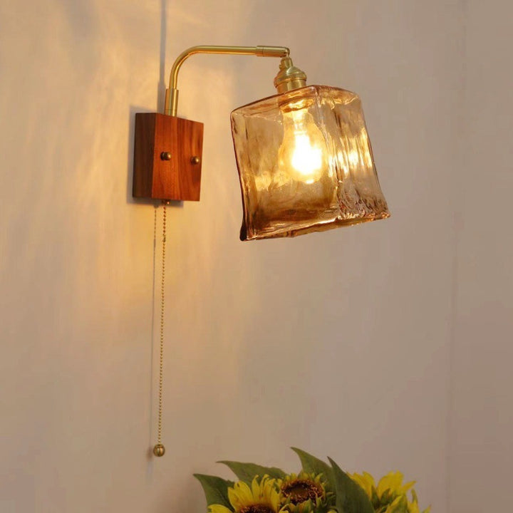 Lámpara de Aplique de Pared de 1 Luz Tradicional Vintage Cuadrada Cilindro Redondo Trapezoide de Cobre y Vidrio para Dormitorio 