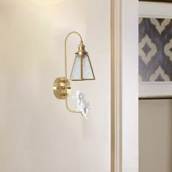 Moderne Mid-Century Vogel Engel Kupfer Harz Glas 1-Licht Wandleuchte für das Schlafzimmer 