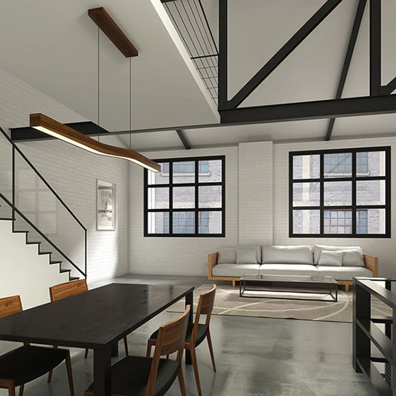 Moderne minimalistische rechteckige lineare Holzmaserung Eisen LED Kronleuchter für das Esszimmer 