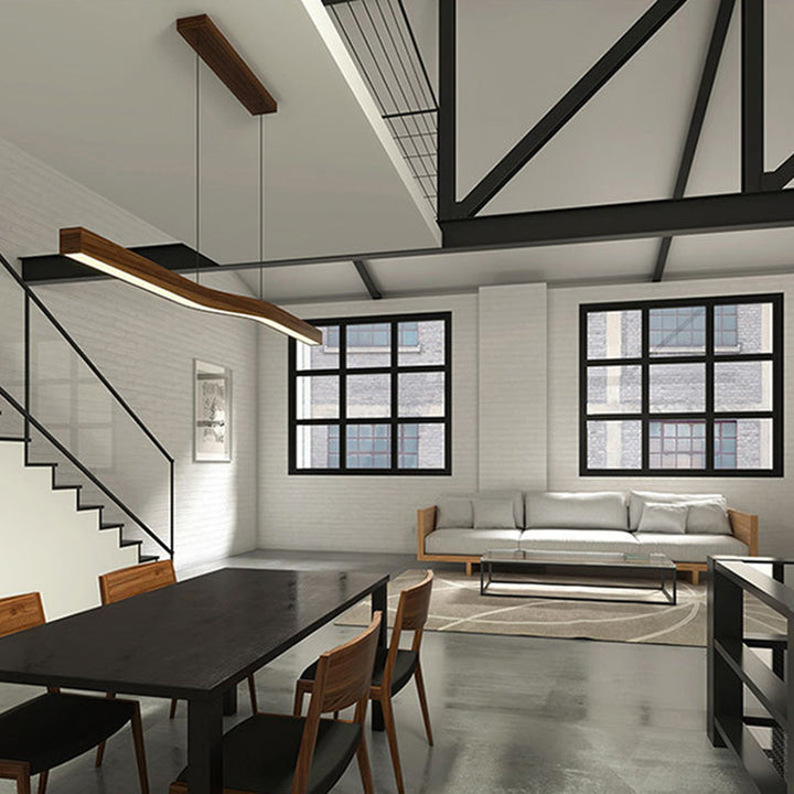 Moderne minimalistische rechteckige lineare Holzmaserung Eisen LED Kronleuchter für das Esszimmer 