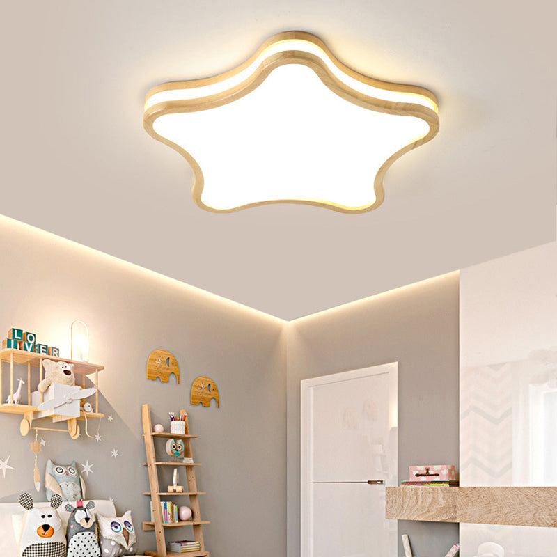 Contemporary Creative Star Shape Rubberwood Acrylic LED Flush Mount Ceiling Light For Bedroom