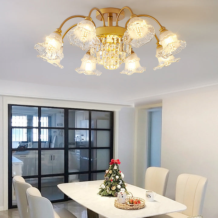 Plafonnier semi-encastré en fer rond à forme de fleur traditionnelle française avec cristal 3/6/8 lumières pour le salon 