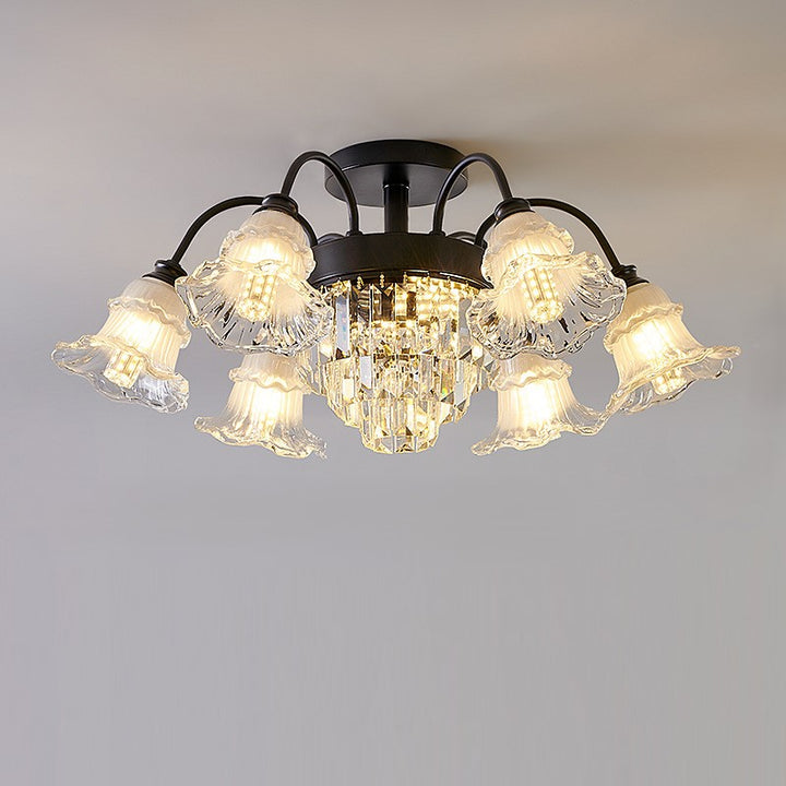 Traditional French Flower Shape Round Iron Crystal 3/6/8 Light Semi-Flush Mount Ceiling Light For Living Room