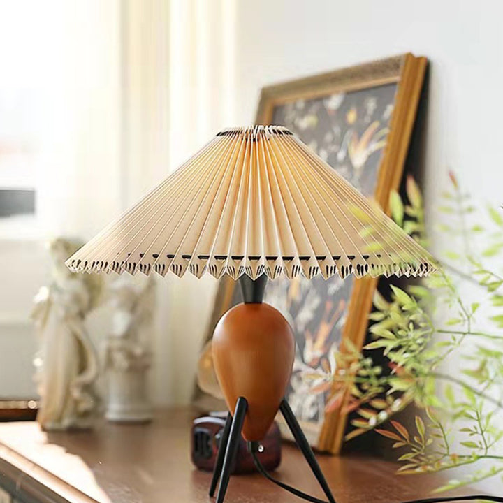 Lampe de table 1 lumière en bois d'hévéa, fer et tissu à cône ovale plissé vintage traditionnel pour chambre 