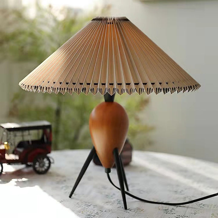 Lampe de table 1 lumière en bois d'hévéa, fer et tissu à cône ovale plissé vintage traditionnel pour chambre 