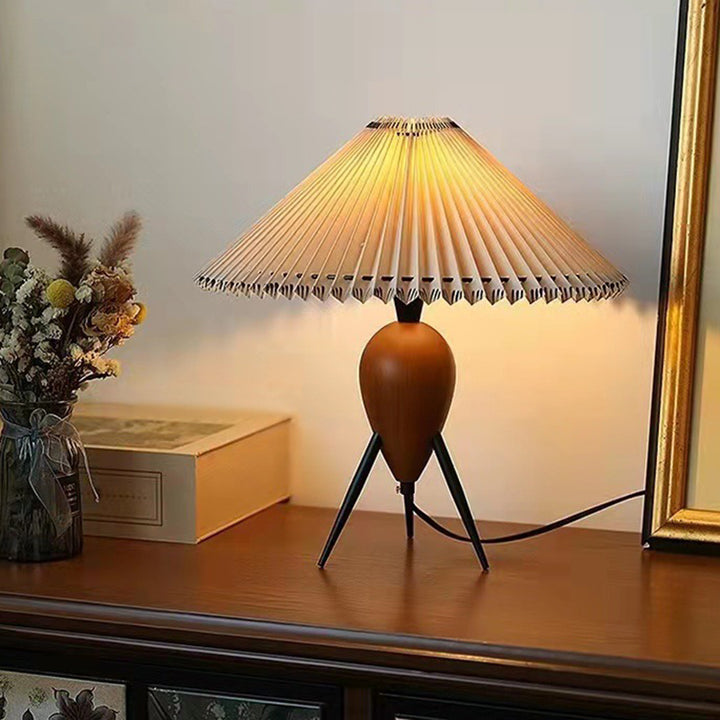 Lampe de table 1 lumière en bois d'hévéa, fer et tissu à cône ovale plissé vintage traditionnel pour chambre 