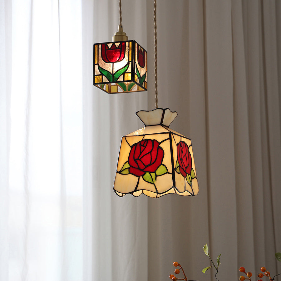 Lustre suspendu en verre cuivré avec un design moderne Art Déco en forme de trèfle, tulipe, rose, rond, carré et cône à 1 lumière pour chambre à coucher 