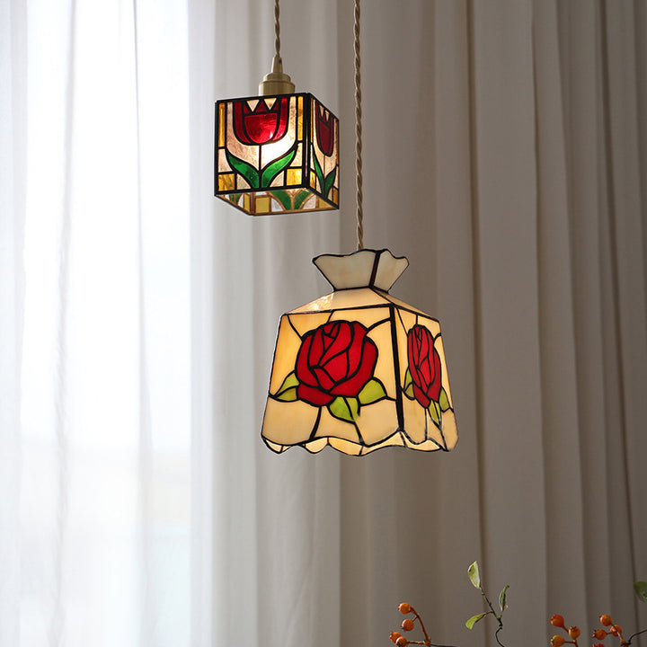 Lustre suspendu en verre cuivré avec un design moderne Art Déco en forme de trèfle, tulipe, rose, rond, carré et cône à 1 lumière pour chambre à coucher 