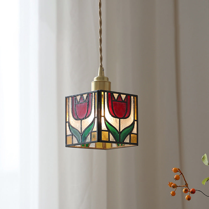 Lustre suspendu en verre cuivré avec un design moderne Art Déco en forme de trèfle, tulipe, rose, rond, carré et cône à 1 lumière pour chambre à coucher 