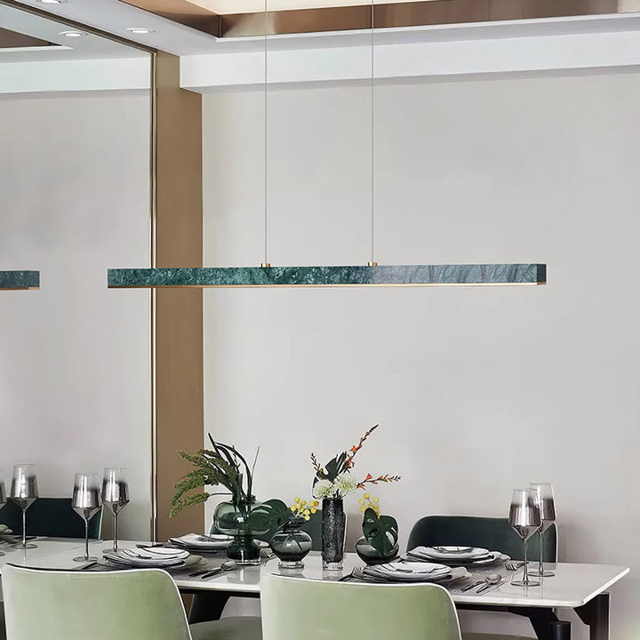 Lustre linéaire rectangulaire minimaliste moderne en cuivre et marbre LED pour salle à manger 
