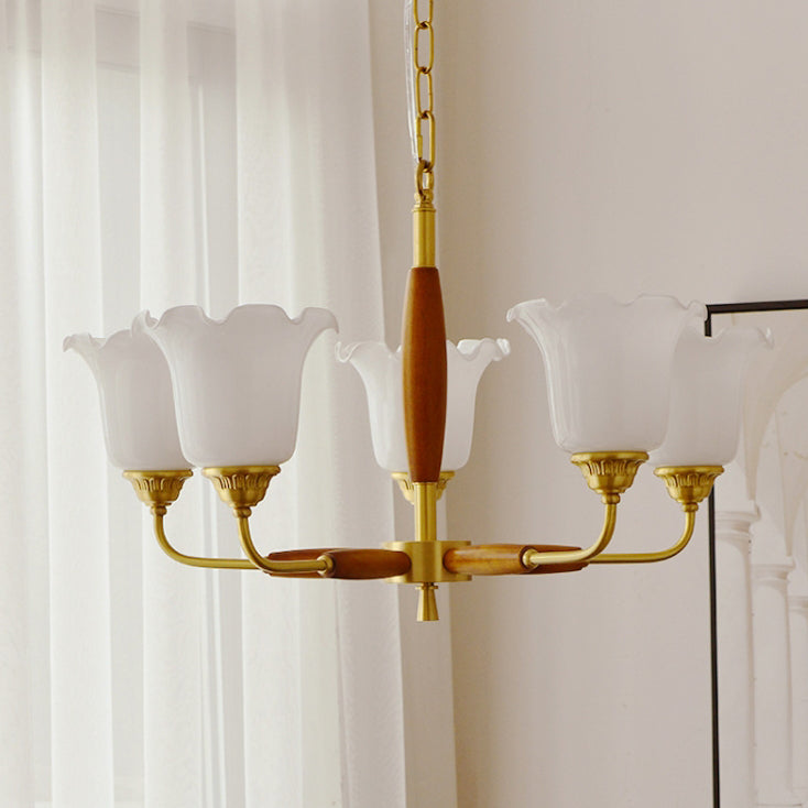 Moderne Art Deco Trompetenblumenform Runde Kupfer Holz Glas 3/5/8 Licht Kronleuchter Für Wohnzimmer 