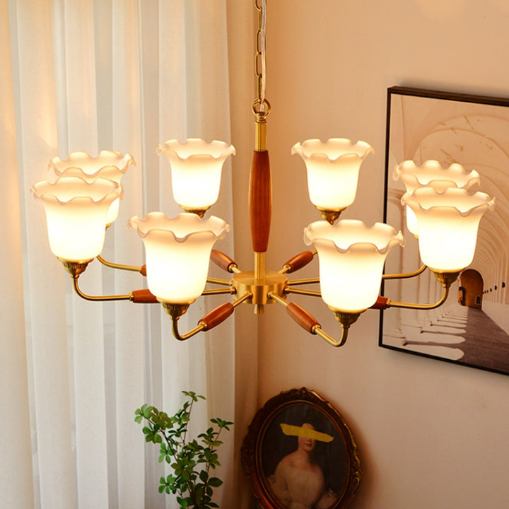 Moderne Art Deco Trompetenblumenform Runde Kupfer Holz Glas 3/5/8 Licht Kronleuchter Für Wohnzimmer 
