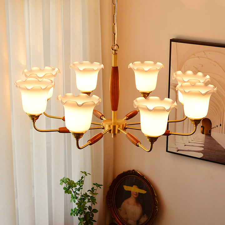Moderne Art Deco Trompetenblumenform Runde Kupfer Holz Glas 3/5/8 Licht Kronleuchter Für Wohnzimmer 