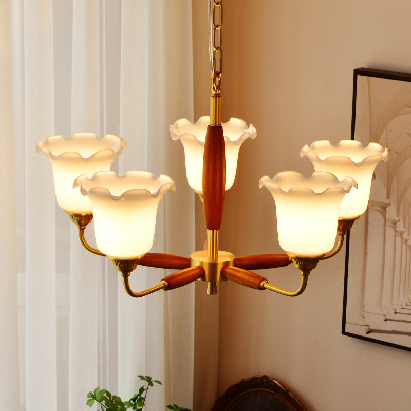 Moderne Art Deco Trompetenblumenform Runde Kupfer Holz Glas 3/5/8 Licht Kronleuchter Für Wohnzimmer 